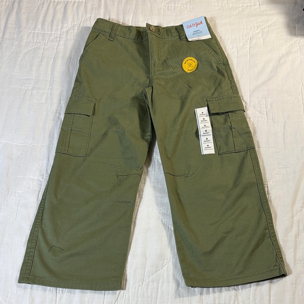 NWT Cat & Jack Boys Baggy Adjustable Waist Reinforced Knee Pants Olive Size 6
